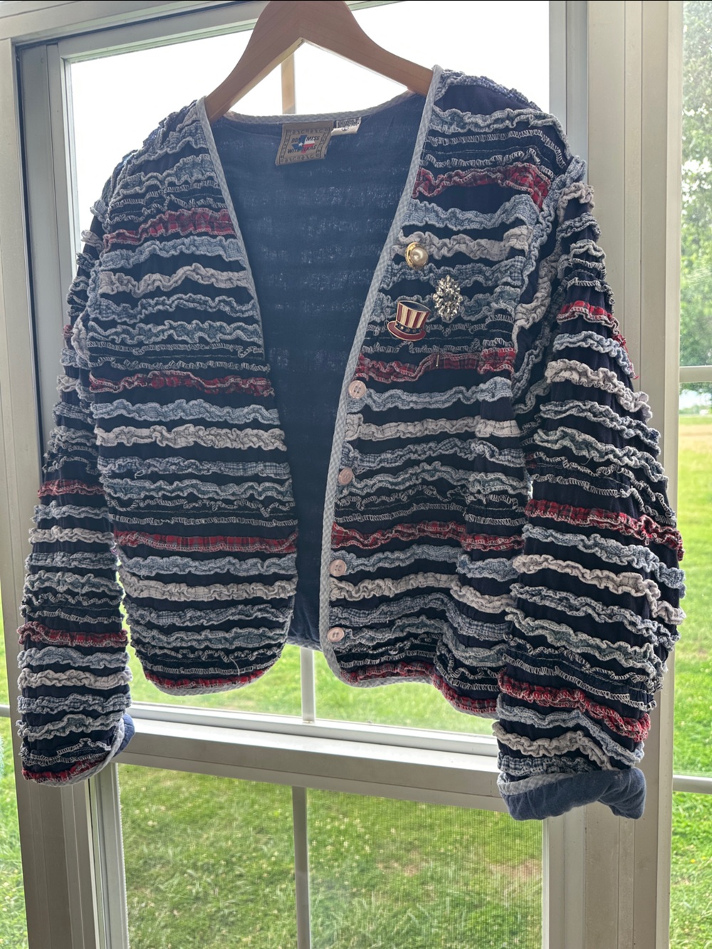 Vintage Textured Ruffle Cardigan Sweater Americana Western Chic Statement Jacket